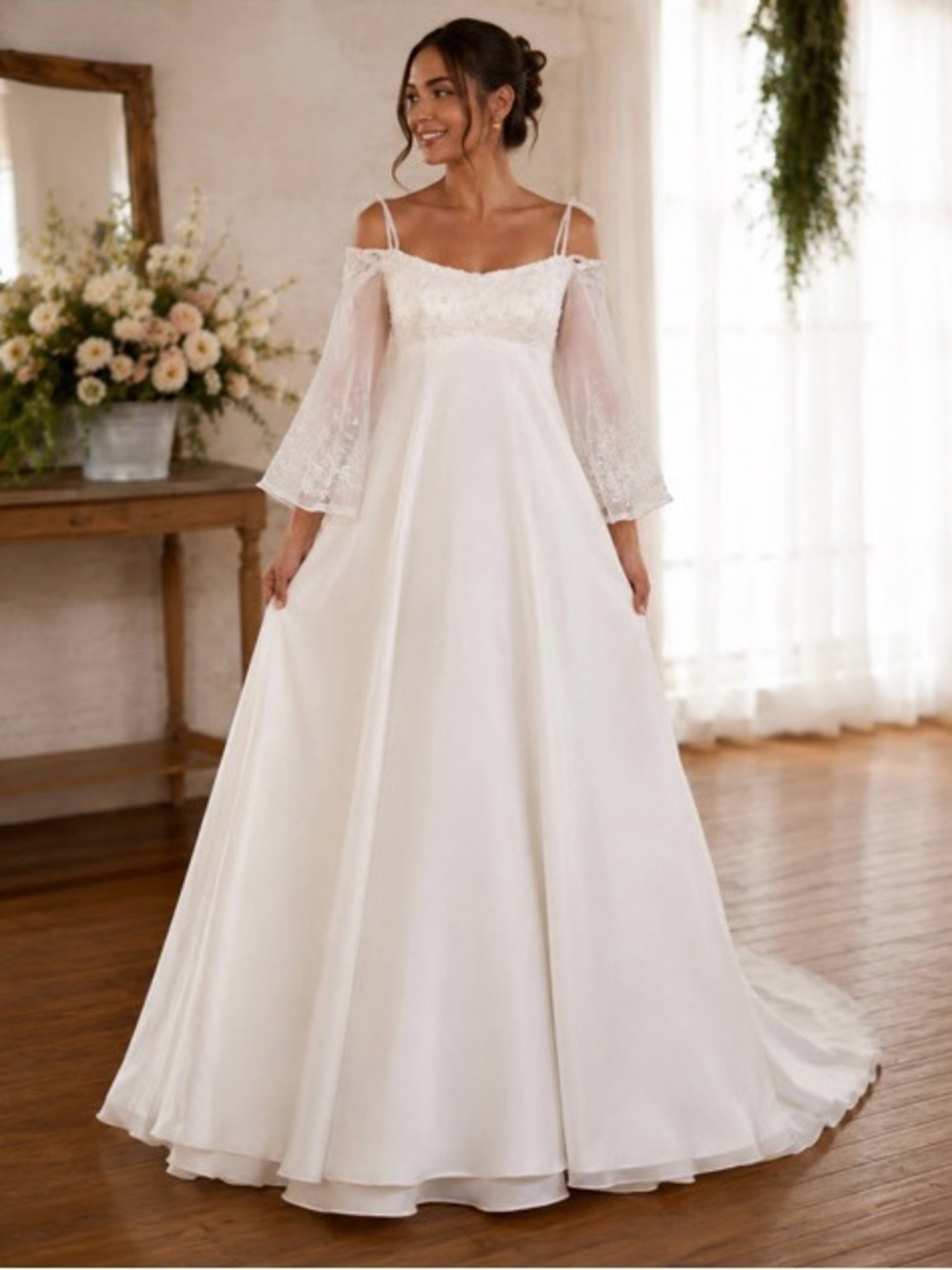 Vintage Beaded Mori Lee Bridgerton Regency Fairy Ivory Off Shoulder Wedding Gown